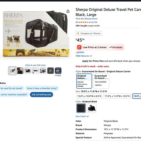 Sherpa® Original Deluxe Pet Carrier BLACK LARGE - Picture 1 of 6